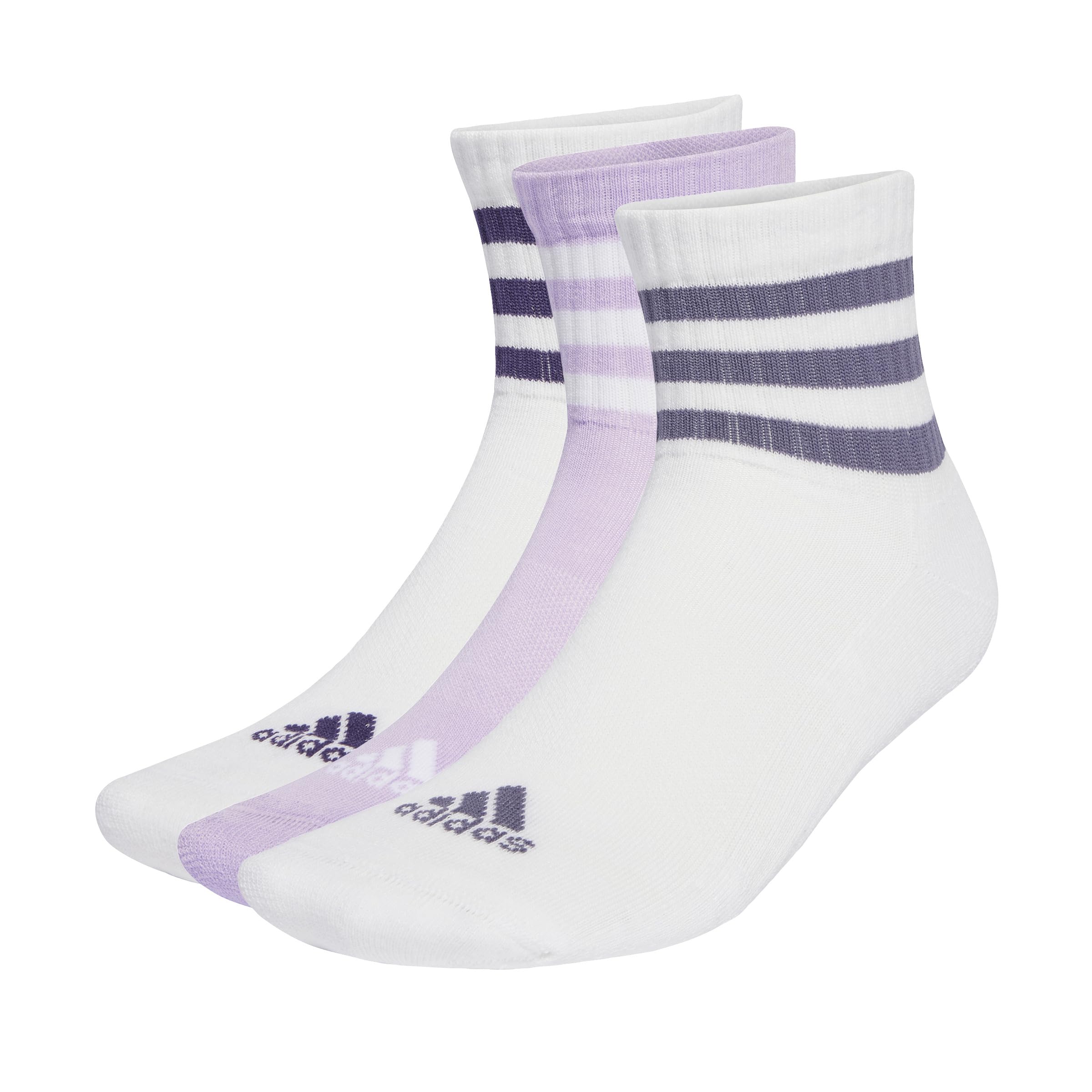 adidas Unisex 3-Stripes Cushioned Sportswear Mid-Cut Socks 3 Pairs, White/White/Powder Plum, 10.5-12.5