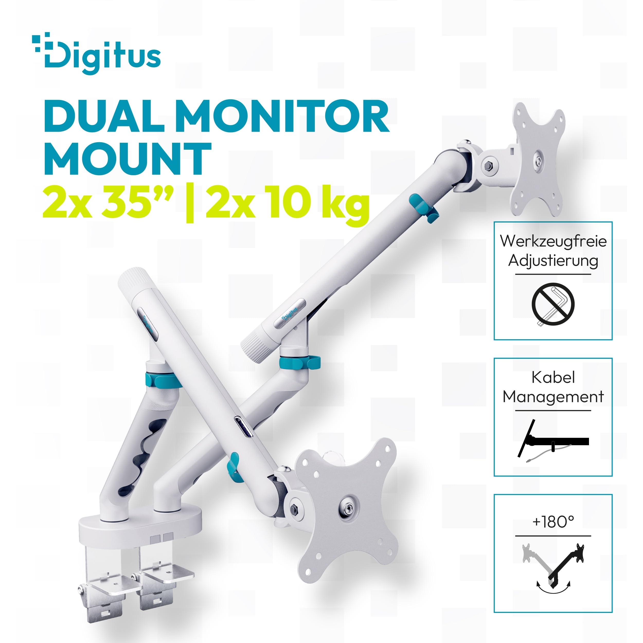 DIGITUS Monitor Halterung 2 Monitore – bis 35 Zoll – mechanische Feder | 10 kg Traglast je Arm – für Flach- und Curved-Bildschirme – VESA 75, 100 – Tischklemme – Weiß