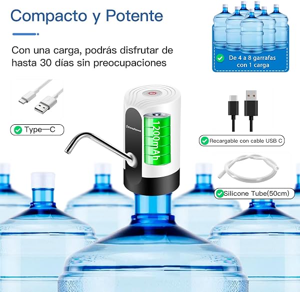 EASYSPEED Distributeur Eau,Distributeurs à Eau avec 2 Adaptateurs, Pompe à Eau Automatique Distributeur d'eau Portable Rechargeable par USB, Bouteilles pour Le Camping,La Maison Et Le Bureau,Blanc - 4