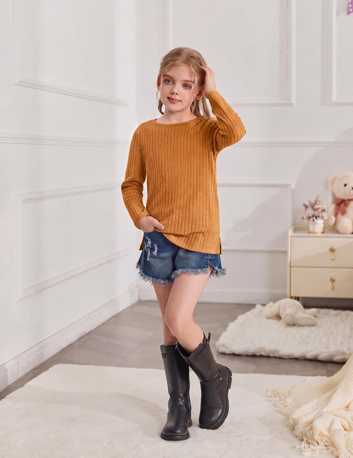 Arshiner Girls Long Sleeve Shirts Ribbed Knit Tunic Tops with Side Pockets image 5