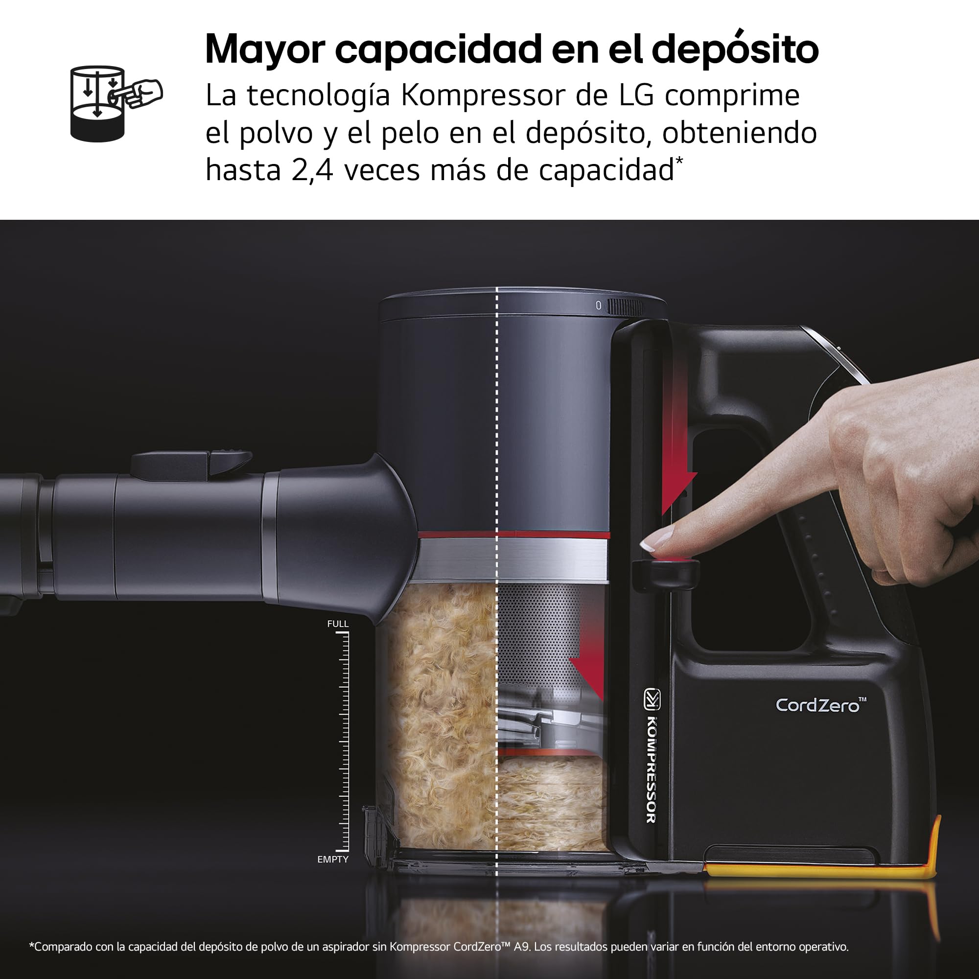 LG A9K-LITE1C - Aspirador Escoba, Kompressor 220W succión, con Sistema de compresión de Polvo, Cepillo con luz LED, Beige