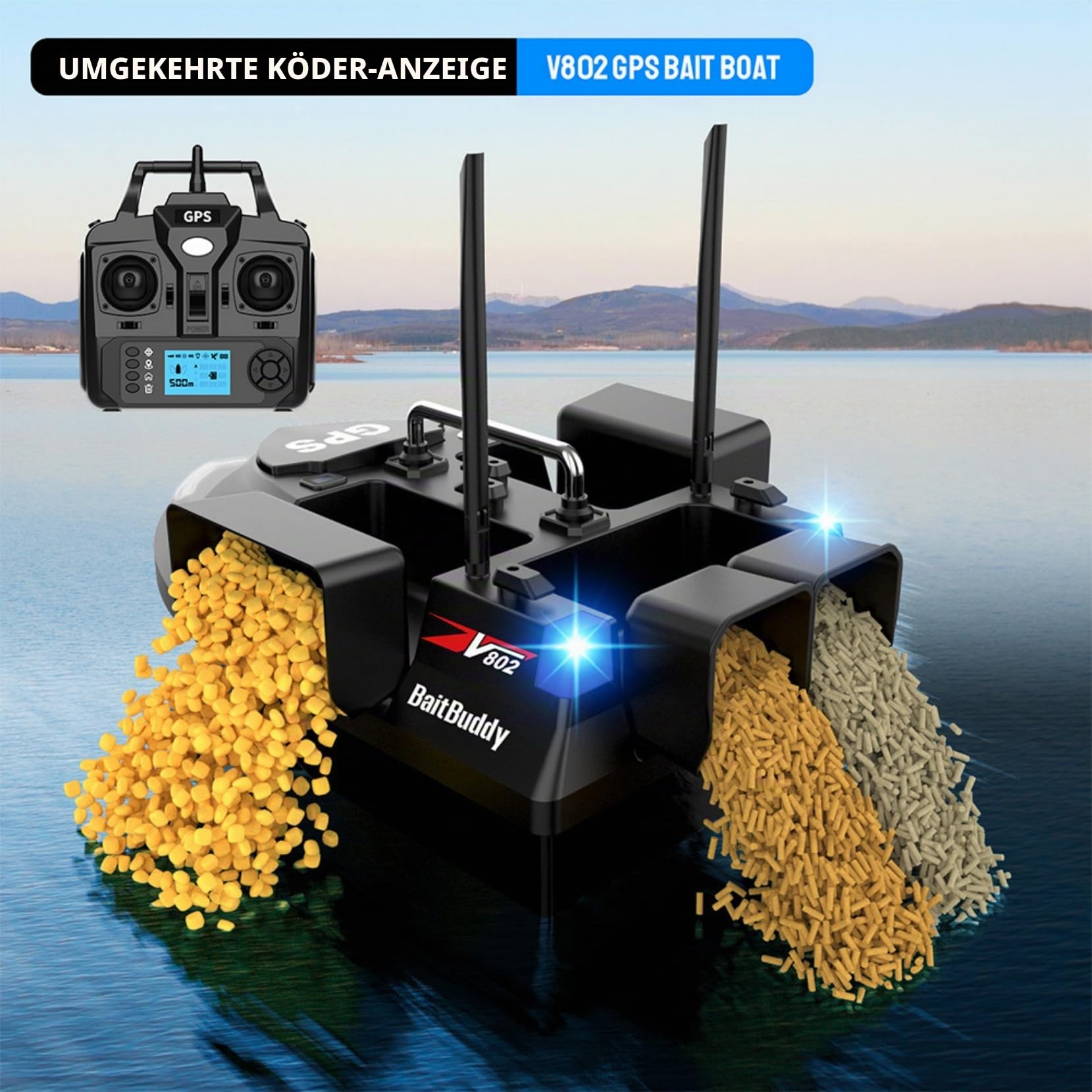 GPS RC Angelköder Boot Dual Antenna 4 Hoppers 500M GPS 3KG Köderboot zum Karpfenangeln Ferngesteuertes Angelnest Boot RC Köderboot mit Tasche (Schwarz)