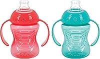 Nuby 2-Pack Grip N' Sip No-Spill Sippy Cups with Handles, 8oz Super Spout for Babies 4M+, Coral & Aqua
