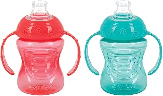 Nuby 2-Pack Grip N' Sip No-Spill Sippy Cups with Handles, 8oz Super Spout for Babies 4M+, Coral & Aqua