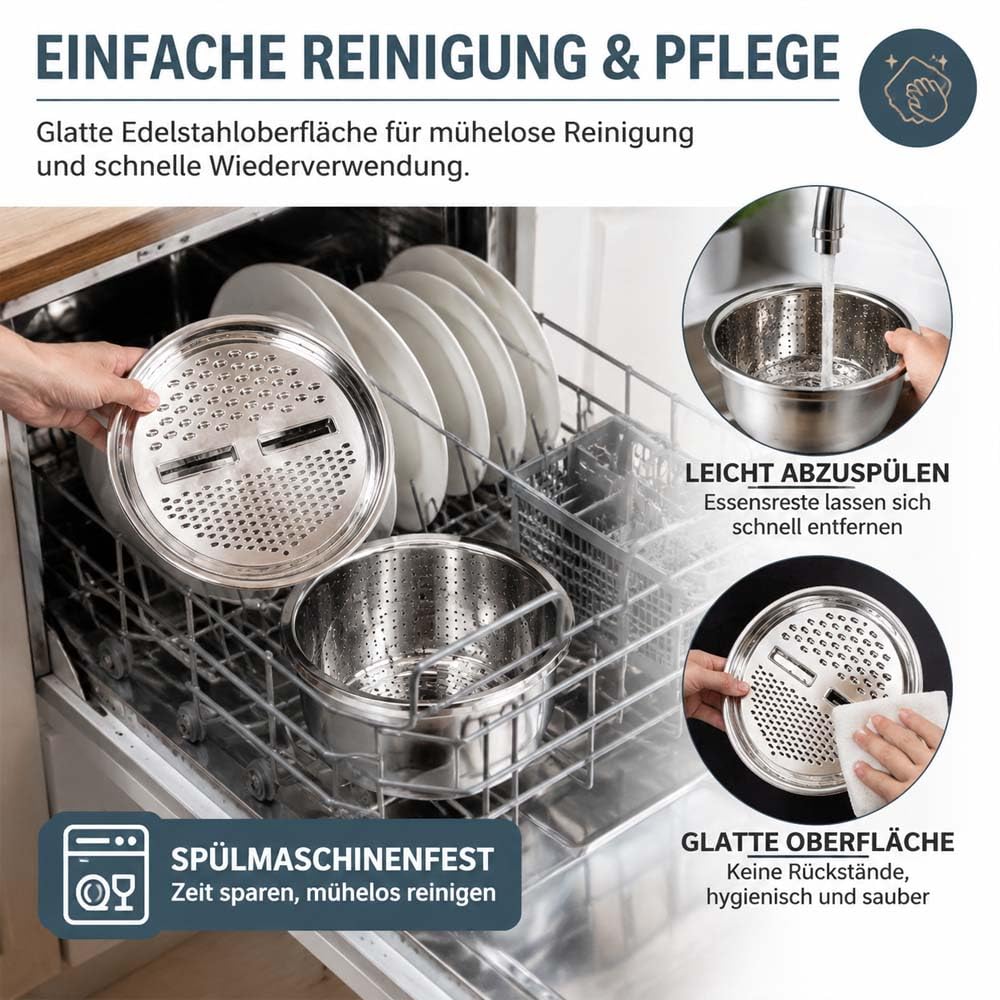 Multifunktionales Edelstahlbecken 3-In-1-Reibe, Abtropfsieb,SalatschüSsel,VergrößErt Und VerstäRkt (880 g),Siebbecken RüHrschüSsel-Set, FüR GemüSe, Obst Und ReisspüLer (26cm)