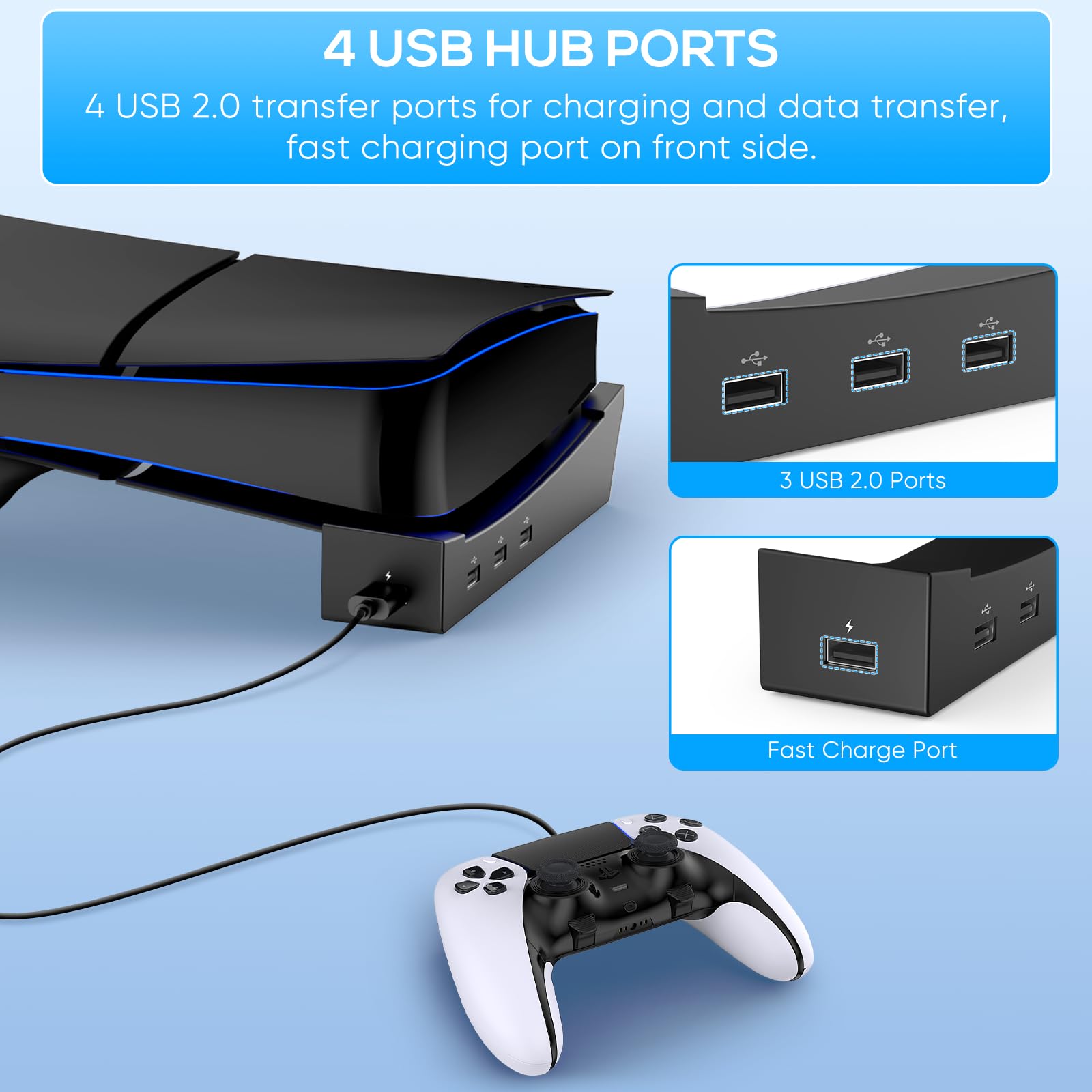 Support Horizontal pour Nouvelle Console PS5 Slim avec Hub USB 4 Ports, Base Support Accessoires pour 2023 Playstation 5 Slim Disc & Digital Edition, Support avec 4 Ports USB 2.0 Date pour Chargement