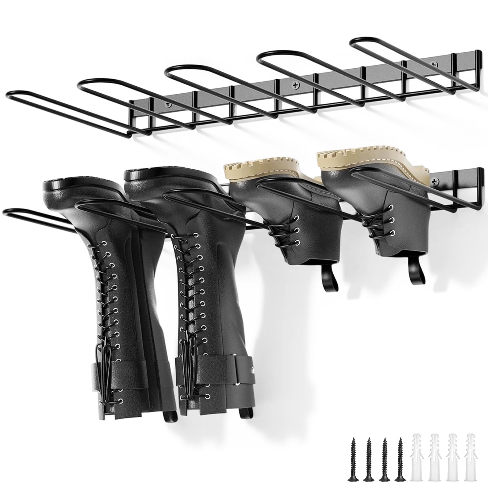 2Pcs Wall Mounted Outdoor Welly Boot Rack, Metal Hanging Shoe Storage Hanger Holds 4 Pairs, Space Saving Wire Tall Boots Rack Organizer Wader Hangers for Closet, Garden, Entryway, Garage, Indoor