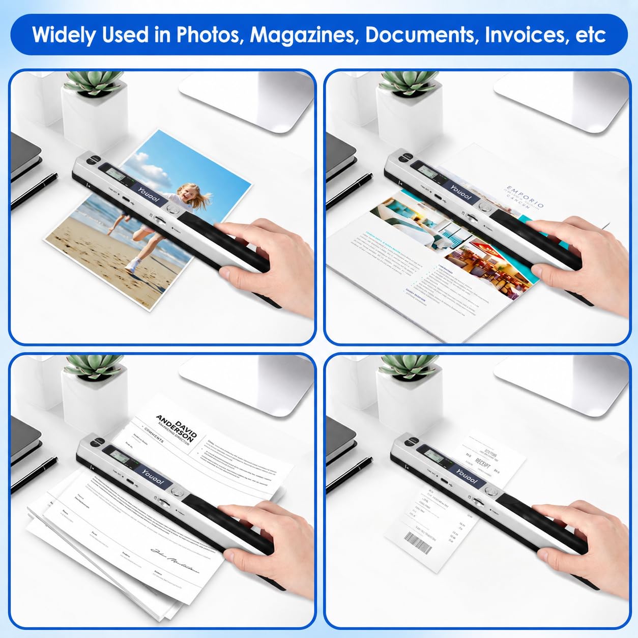 Scanner de Documents Portable, A4 900 DPI Haute Résolution Photo Couleur Portable, Format JPG/PDF USB 2.0 Scanner de Document Portables pour Documents, Reçus, Photos (Argent)