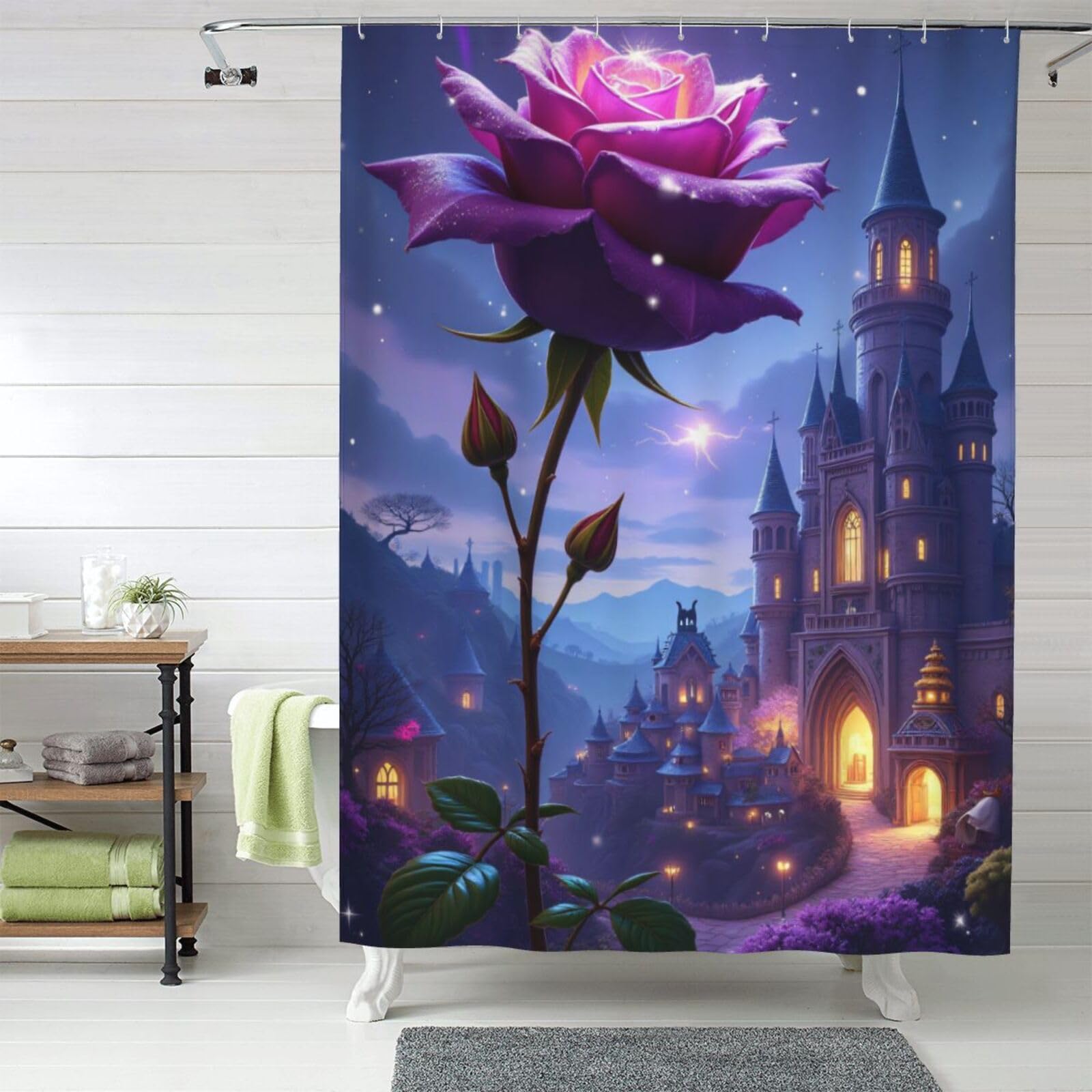 Rideau de douche tissu imperméable château de roses 152x183 cm lavable