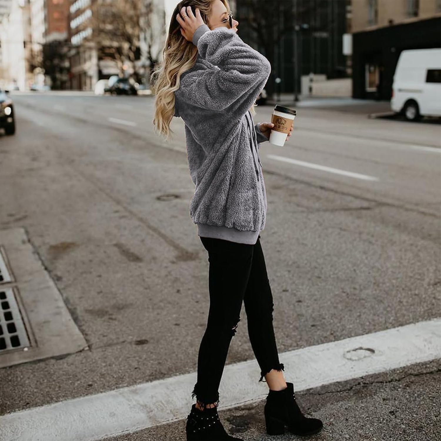 American Trends Womens Athletic Fuzzy Hoodies Sherpa Pullover Hoodie for Women Zip Oversized Plush Hoodie with Pockets - Image 5