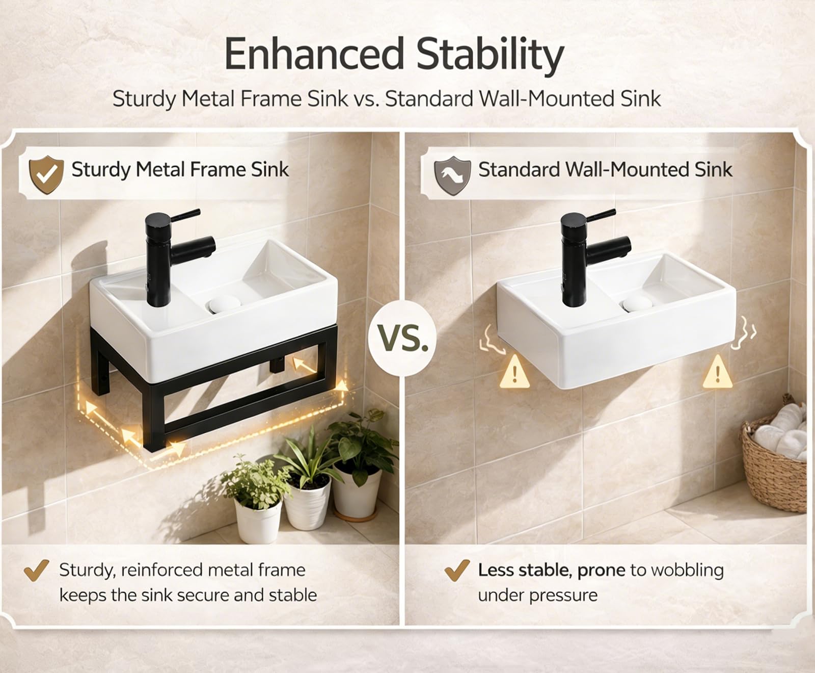 NUESTRA VIDA Lavabo de Cerámica para Baño de Invitados 40x22 cm - Compacto con Rebosadero y Estructura Metálica Negra Mate - Ideal para Espacios Pequeños