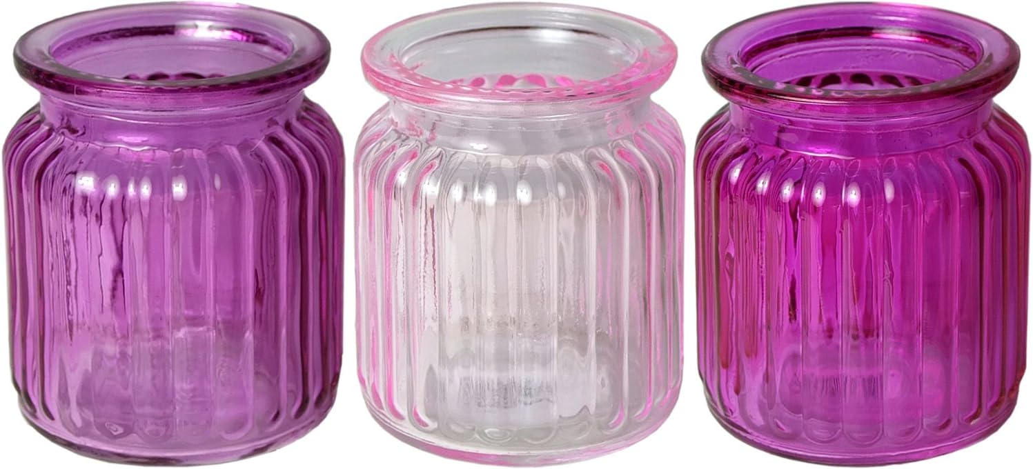 Set of 3 Pink Assorted 8 x 9.5 cm Glass Cup/Glass Tea Light Holders, Table Decoration, Party Favours, Wedding/Party etc.