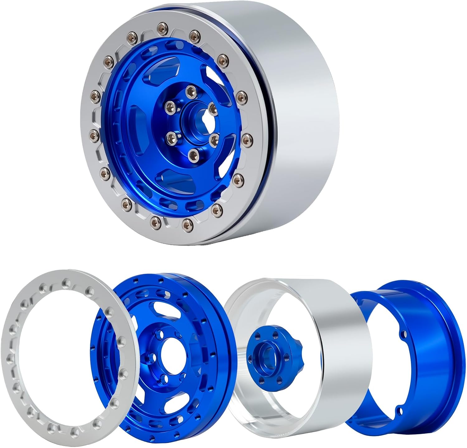 4Pcs Aluminum 2.2inch Beadlock Wheel Rims for 1/10 RC Rock Crawler TRX4 Axail SCX10 RC4WD D90 Yikong 4102 Wheel Upgrade (Silver and Blue)