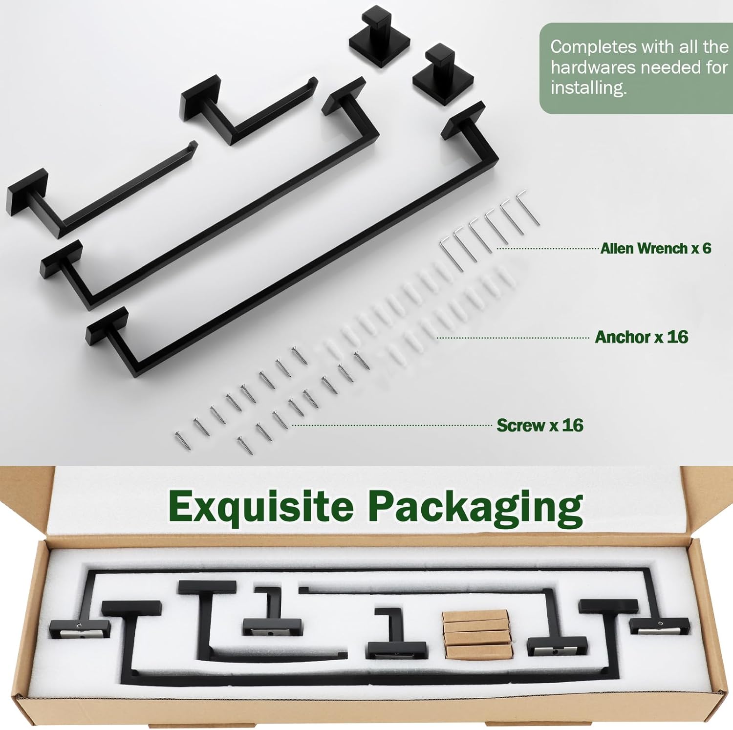 VELIMAX Premium Stainless Steel 6 Pieces Bathroom Hardware Set Wall Mounted Bathroom Accessories Kit Modern Towel Bar Set - 20 Inches and 23.6 Inches, Matte Black