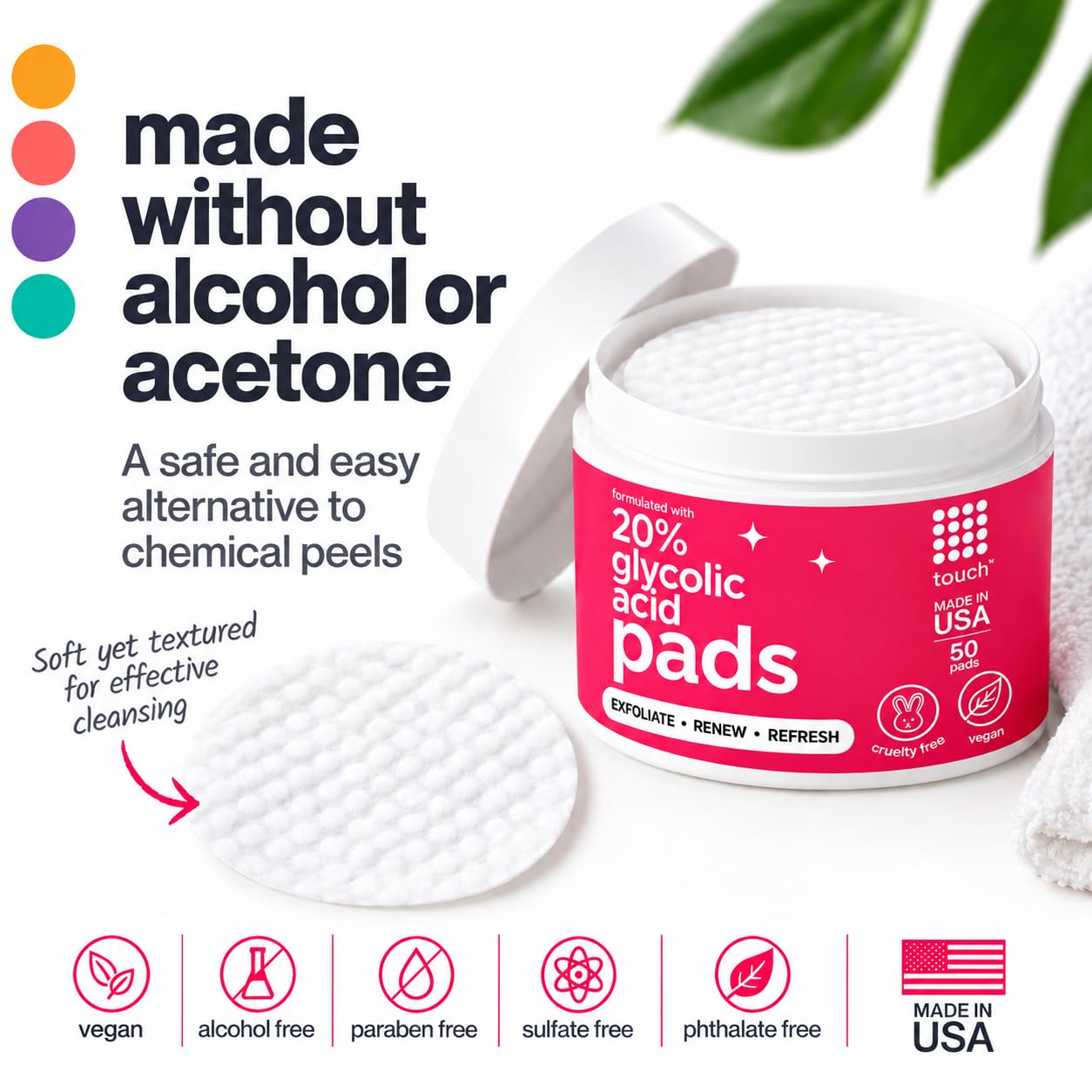 TOUCH 20% Glycolic Acid Exfoliating Face Pads, 50 Count
