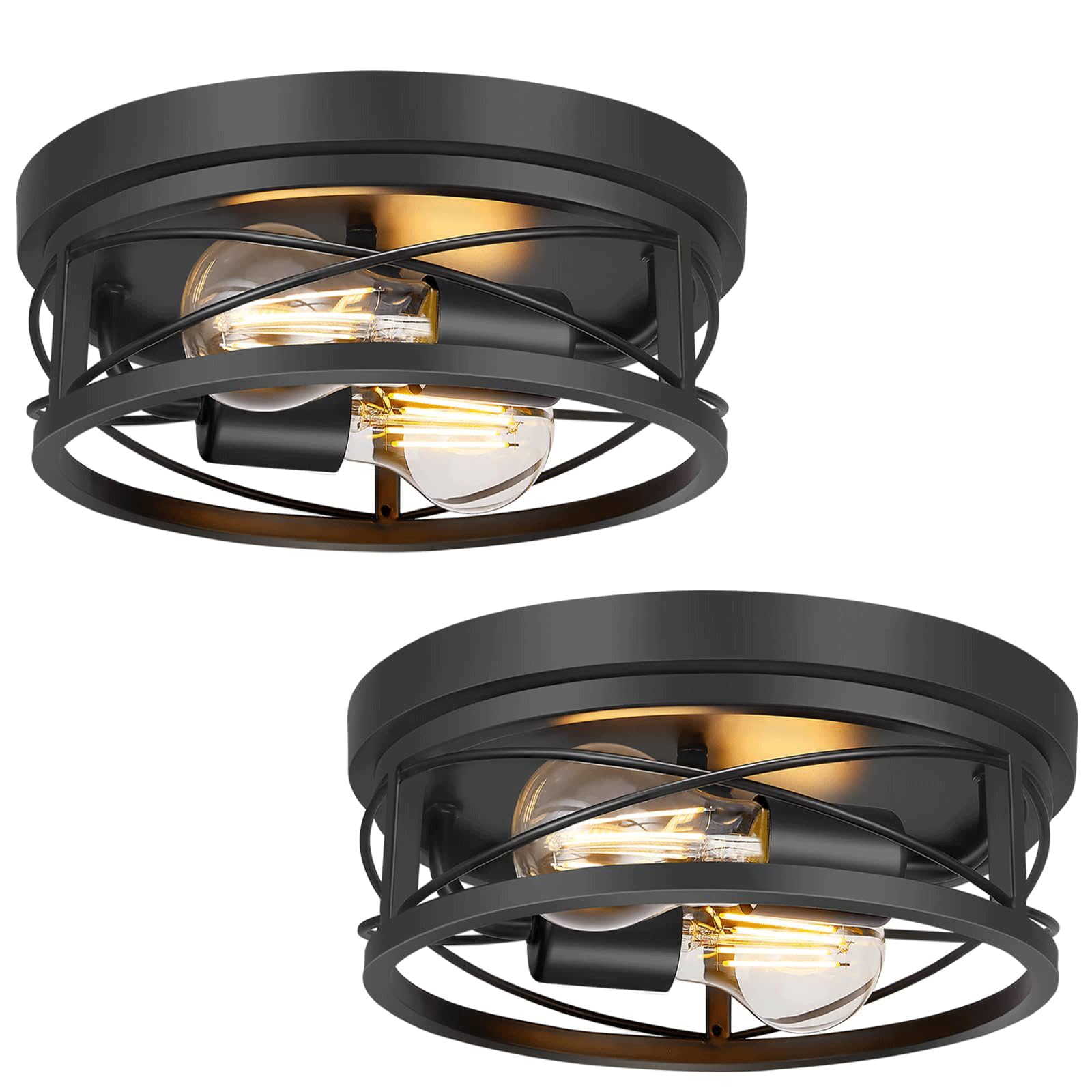 FYZDLAOR Farmhouse 2-Light Black Flush Mount Ceiling Light Fixtures, Vintage Metal Cage Closed To Ceiling Mount Lamp For Hallway Kitchen Bedroom
