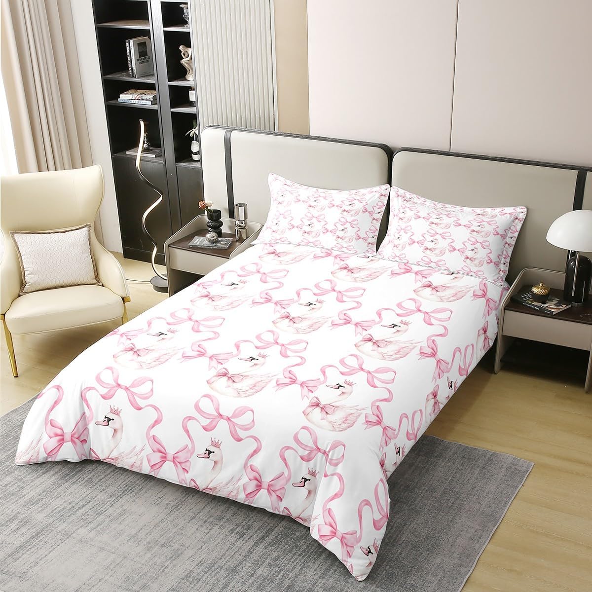 Manfei White Swan Cotton Duvet Cover Twin Size,Princess Crown Pink Bowknot Dreamy Bedding Set with 1 Pillow Sham,Watercolor Bow-tie Ribbon Stripes Pink White Comforter Cover(No Filler),2 Pcs