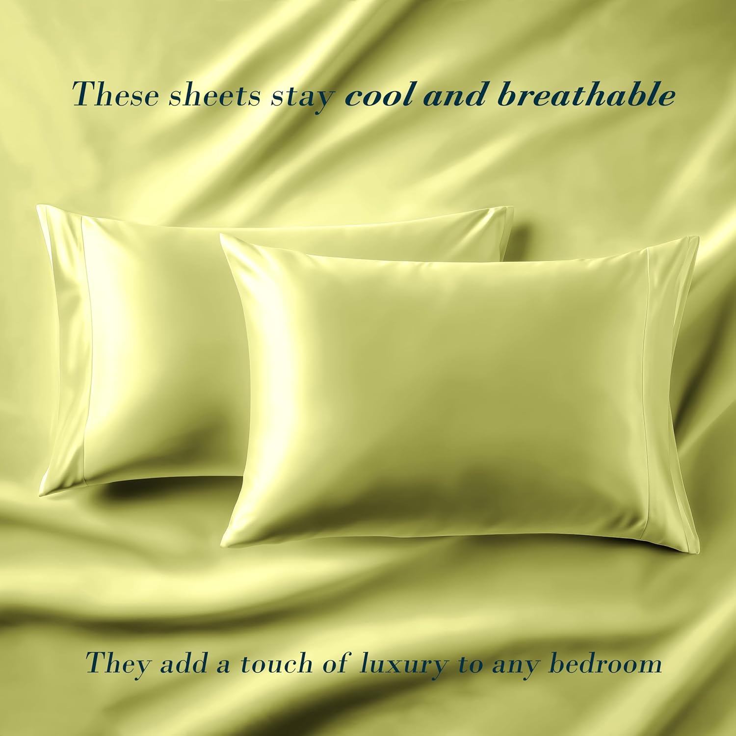 Mocassi Premium Satin 4-Piece Bed Sheet Set Ultra Smooth, Cooling, Gentle on Skin and Hair - Deep Pocket Fitted Sheet, Long-Lasting Wrinkle and Stain Resistant Fabric, King, Pistachio Green