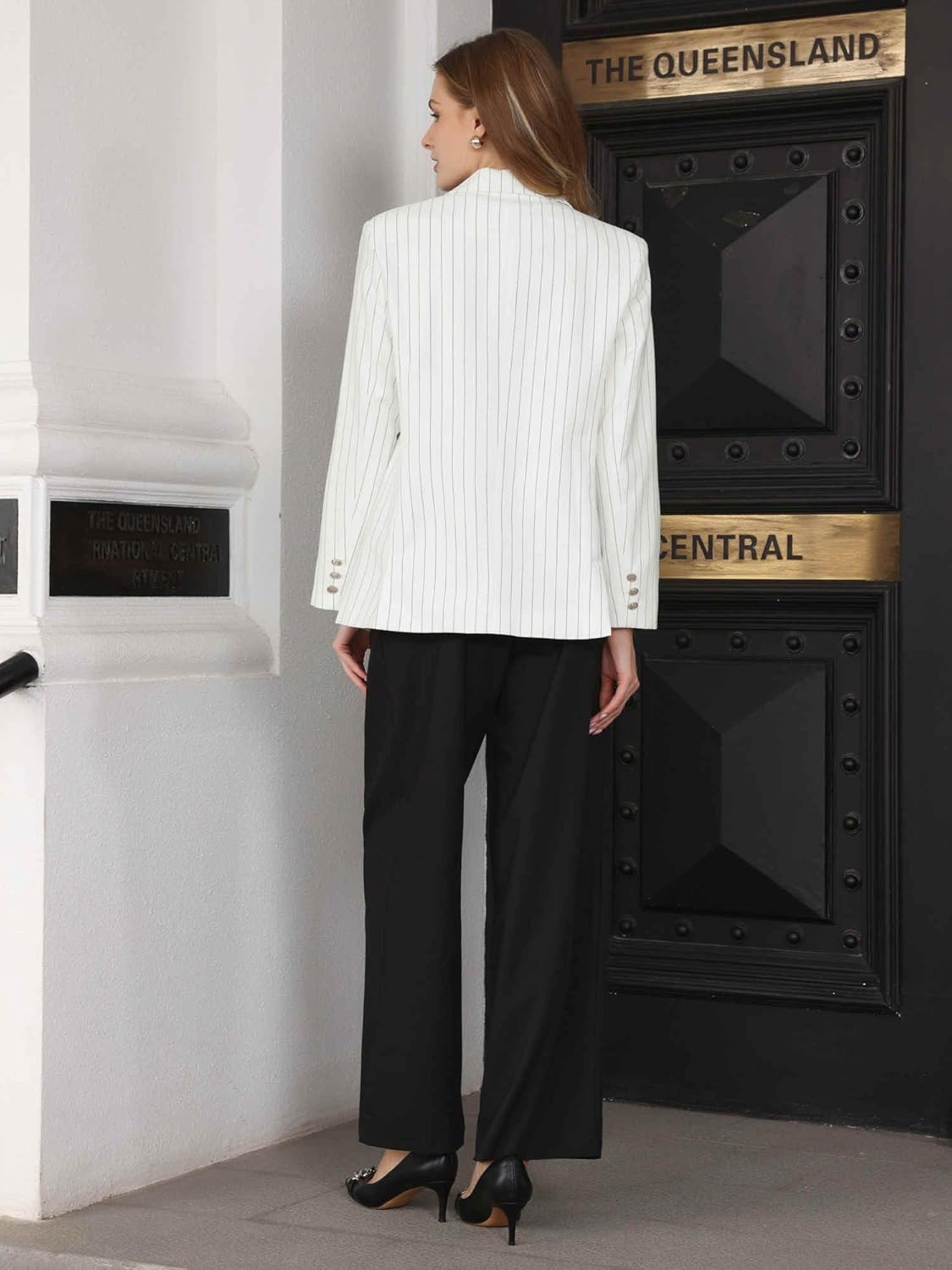 Women's Striped Blazers Lapel Collar Chain Decor Long Sleeve Work Office Jackets - Image 5