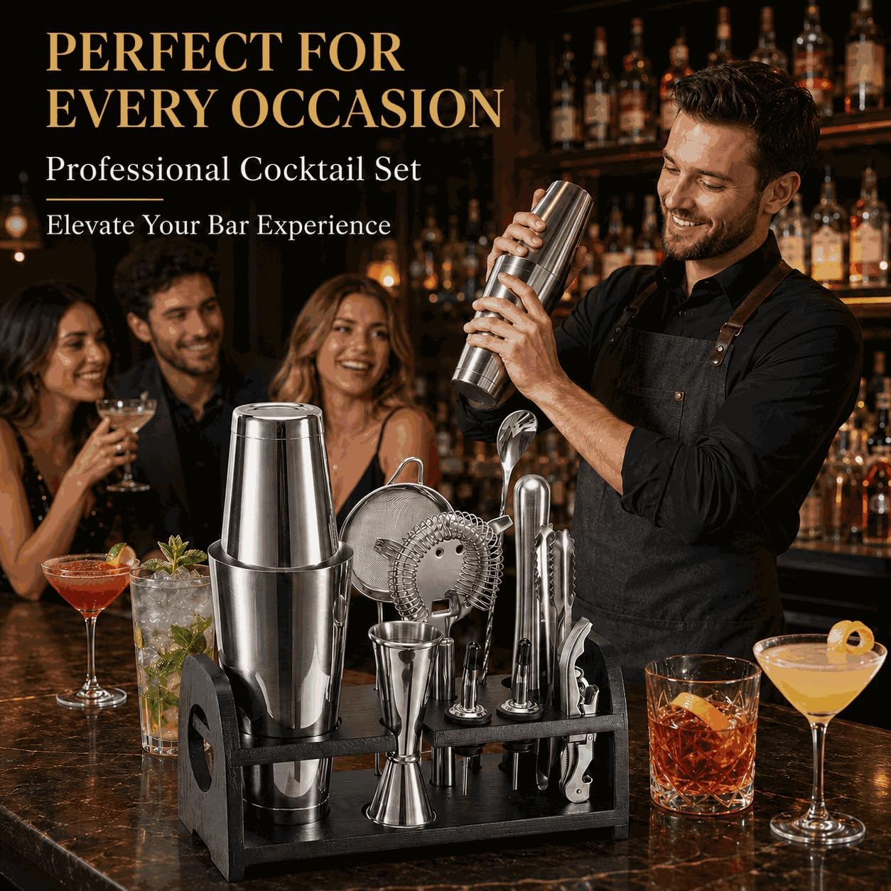 Semderm Cocktail Shaker Set, Weighted Boston Shaker Set with Bamboo Stand, 18/8 Stainless Steel Mixology Bartender Kit with Jigger, Fine Mesh & Hawthorne Strainers, Muddler, Spoon, Ice Tongs