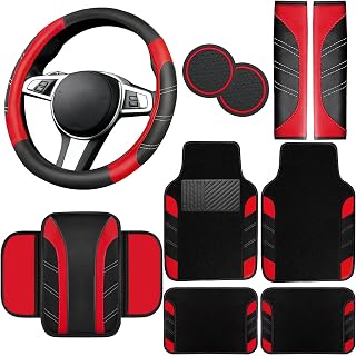 NBTEPEM 10 Pcs Red Car Floor Mats Full Set & Sport Leather Red Steering Wheel Cover 14.5-15 inch, Center Console Cover, Seat Belt Cushion, Cup Holder Coaster, Universal Automobile Interior Sets