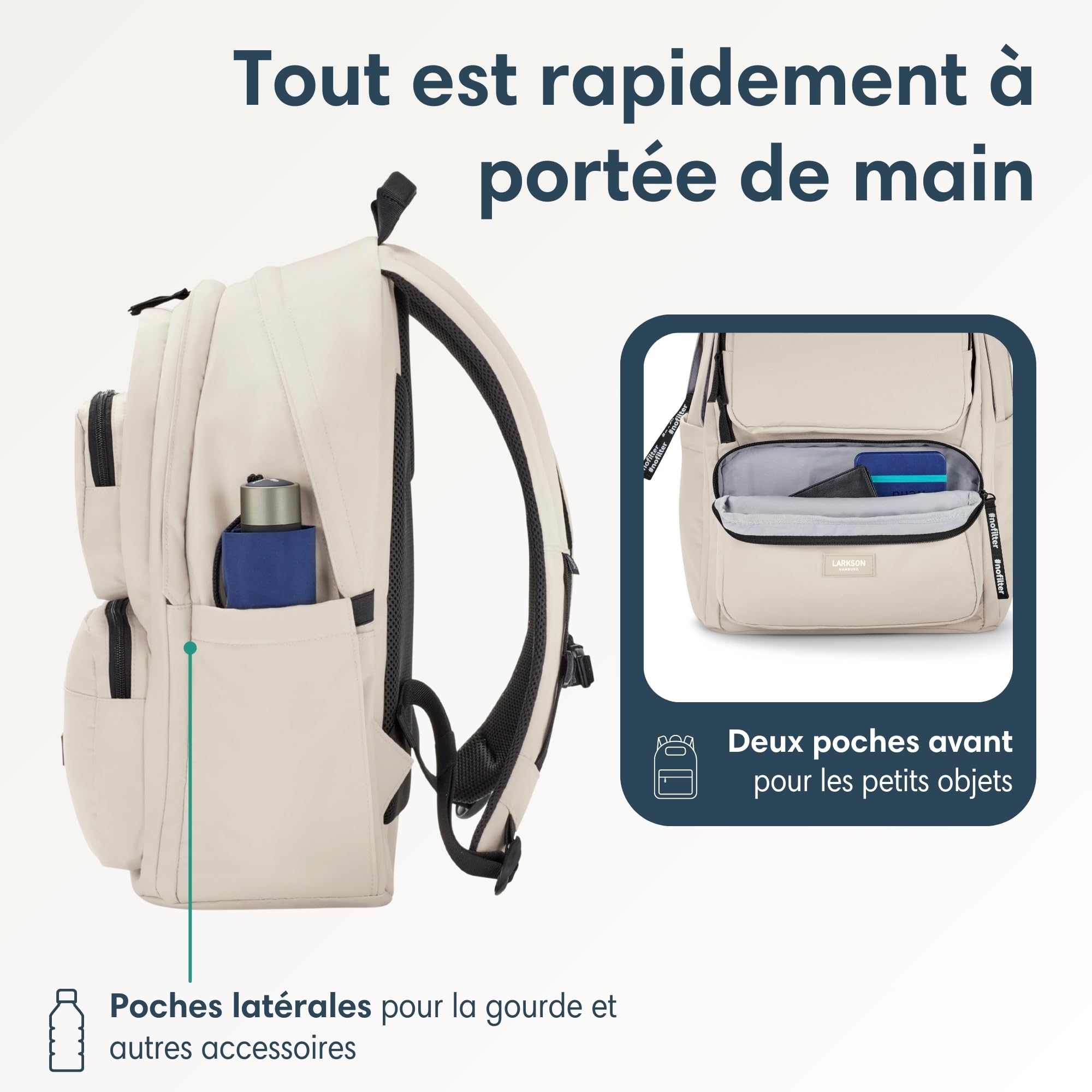 LARKSON Sac à Dos Fille & Garçon Beige - No 3 Advanced - Sac Ordinateur 16" pour Collège, Sport & Voyage - Grand Sac à Dos de Loisirs pour Hommes & Femmes - En PET - Imperméable