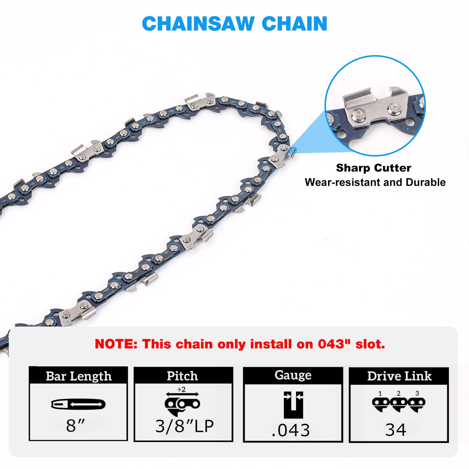 Cadena de motosierra de 8 pulgadas para 34 eslabones de accionamiento, paso LP de 3/8 pulgadas, calibre de 43 pulgadas, DeWalt 20 V MAX XR DCPS620, DCPS620B, DCPS620M1, DCCS623B, DCCS623L1, paquete de
