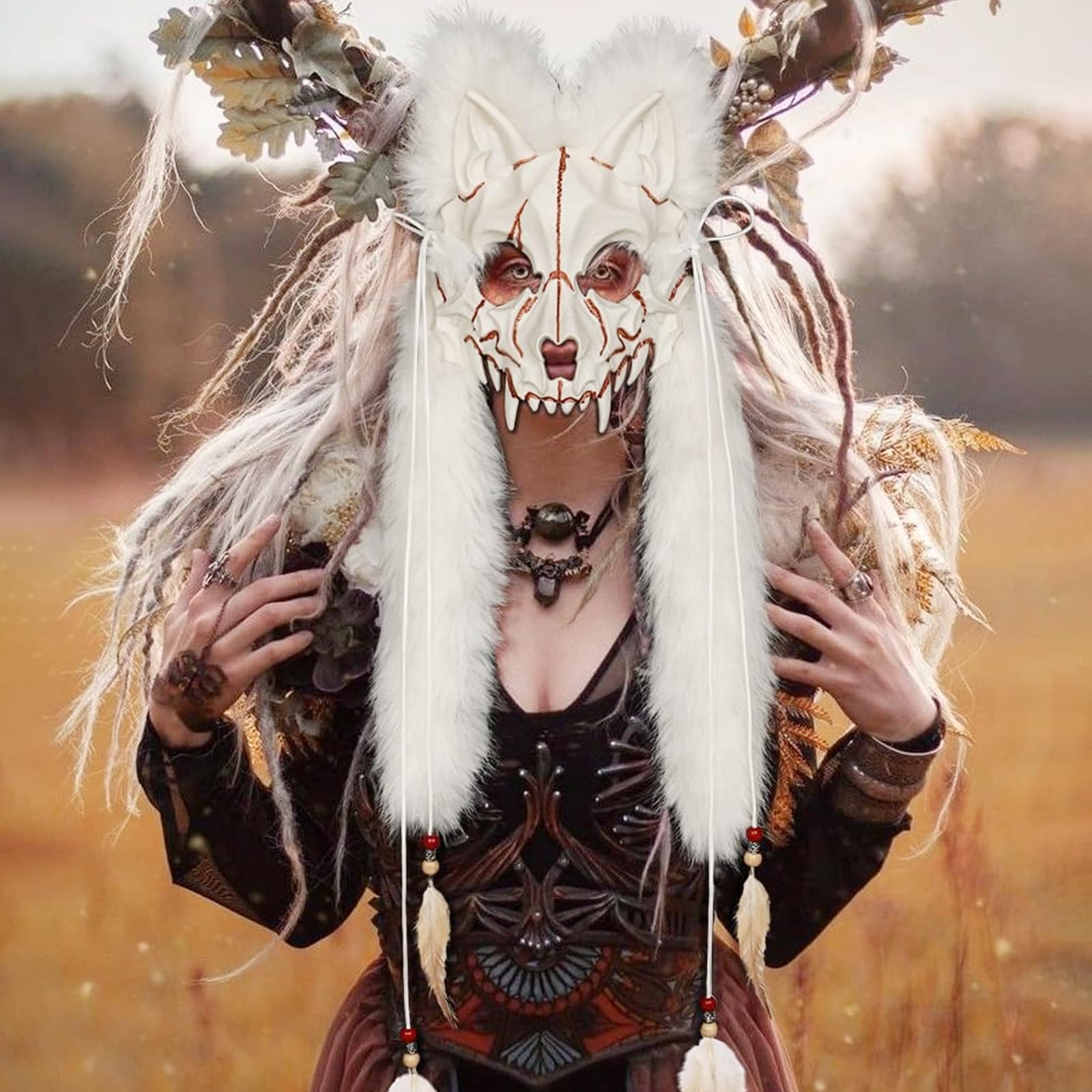 Realistic Scary Animal Skull Mask Viking Faux Fur Fox Wolf Mask Werewolf Costume Barbarian Cosplay Headdress for Men Women Halloween Party Carnival (White) - Image 3