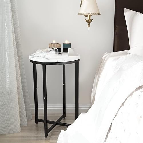 Miniatura 5 de Hooseng Mesa auxiliar redonda, 2 piezas de mármol sintético, mesa auxiliar redonda blanca pequeña, mesa redonda moderna para decoración del hogar