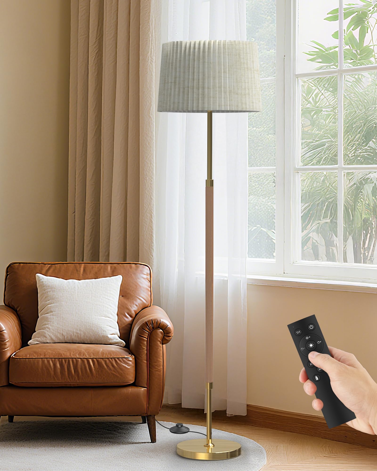 Photo 1 of JOOFO Mid-Century Modern Wood Floor Lamp with Dual Fabric Shade, Remote Control, Dimmable & Adjustable Color Temperature, Reading & Living Room Lamp, Easy Clean Cover, Foot Switch,Natural Wood