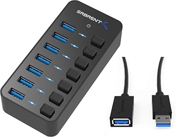7 Port USB 3.0 Hub with Individual Power Switches and LEDs Includes 36W 12V/3A Power Adapter+USB 3.0 Extension Cable A Male to A Female [Black] 6 Feet