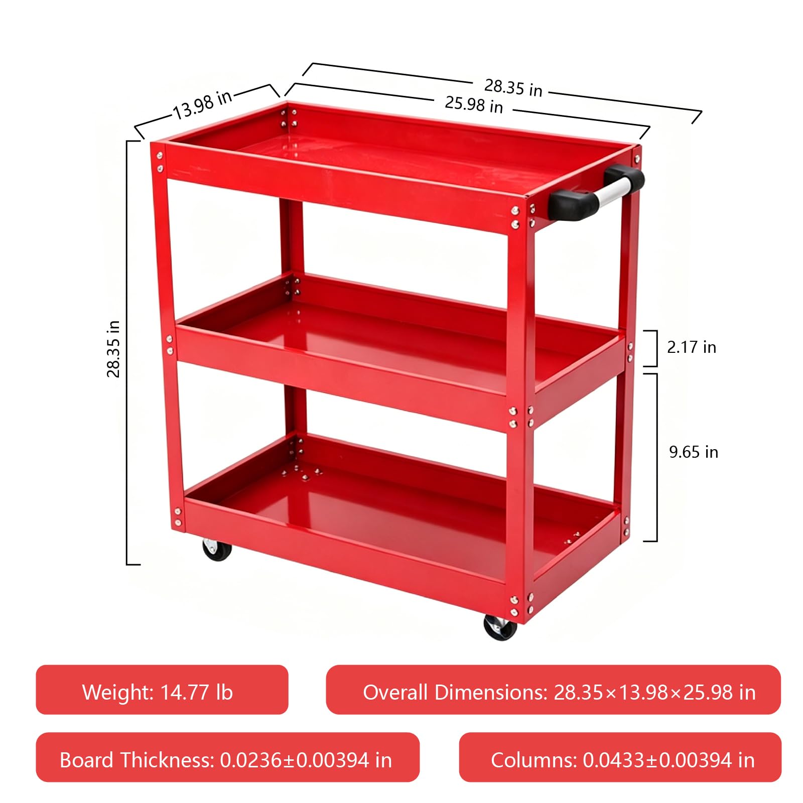 Carrito de herramientas rodante de 3 niveles con rueda