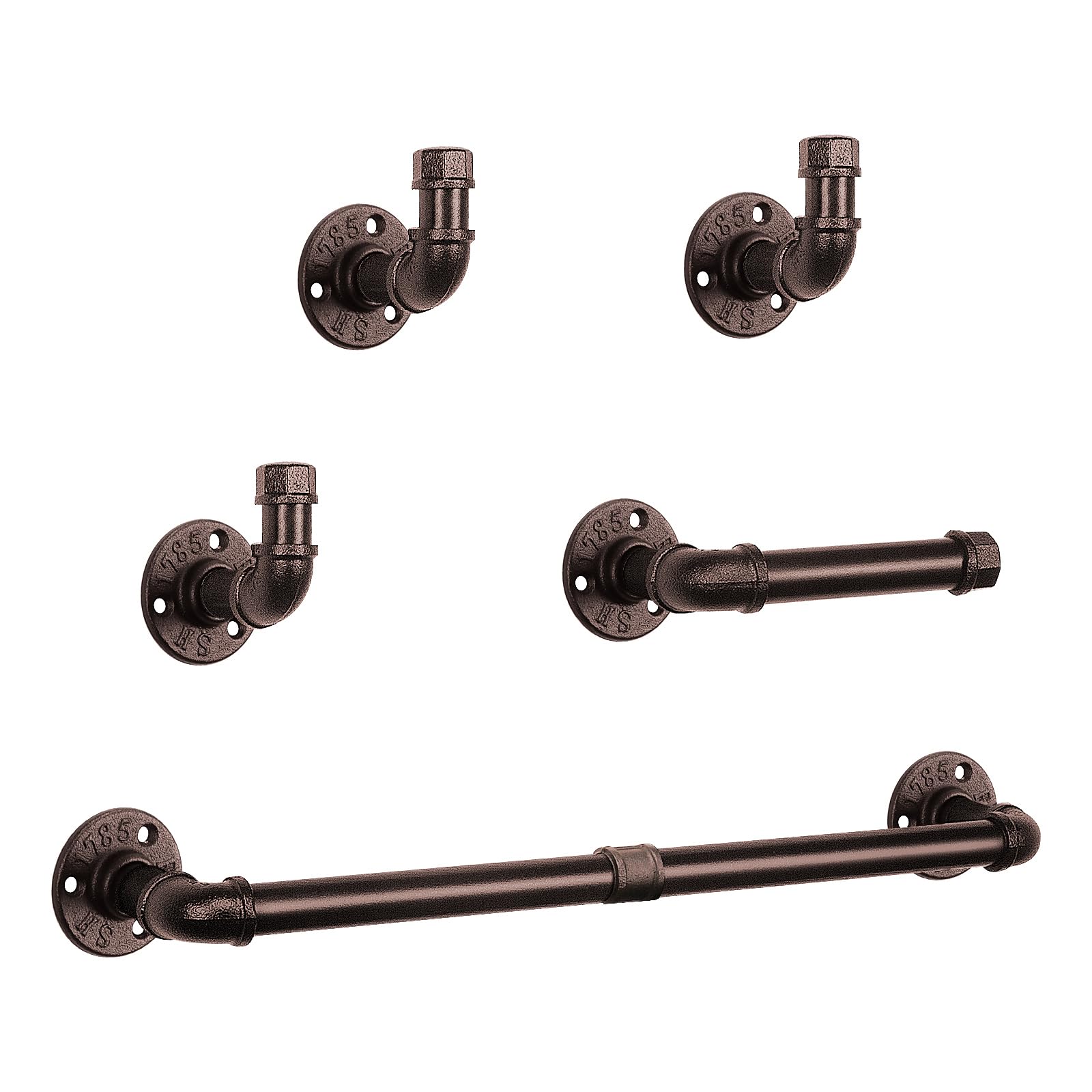 NearMoon Juego de 5 piezas de accesorios industriales para baño, incluye barra de toalla de 18 pulgadas, soporte de papel higiénico y 3 ganchos para bata, kit de accesorios de decoración rústica para