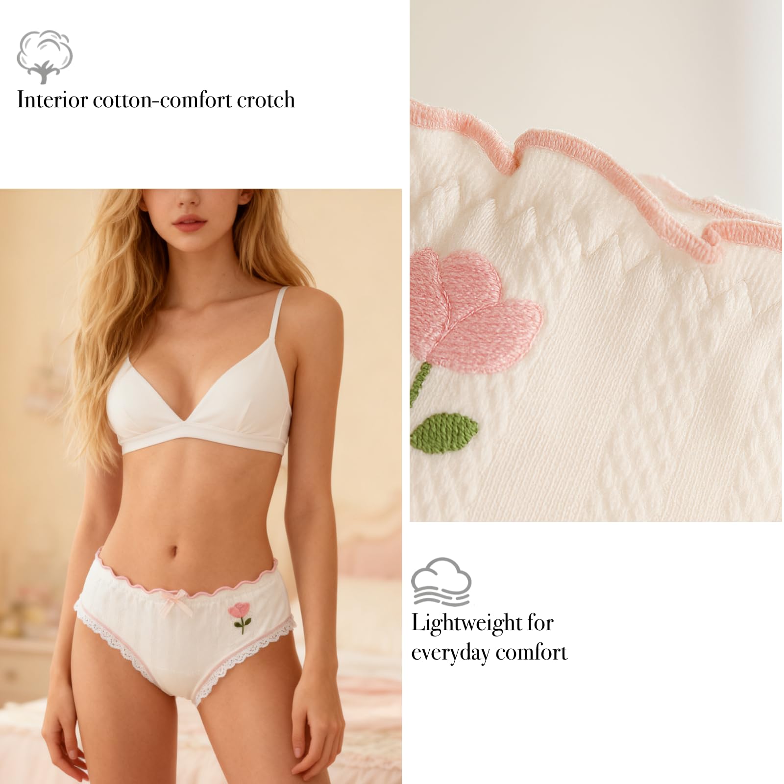 Women’s Underwear Cotton Panties Lace Ruffled Tulip Print Floral Flower Bow Knot Cute Kawaii Japanese Underwear 7 Pack: Medium White Pink Green