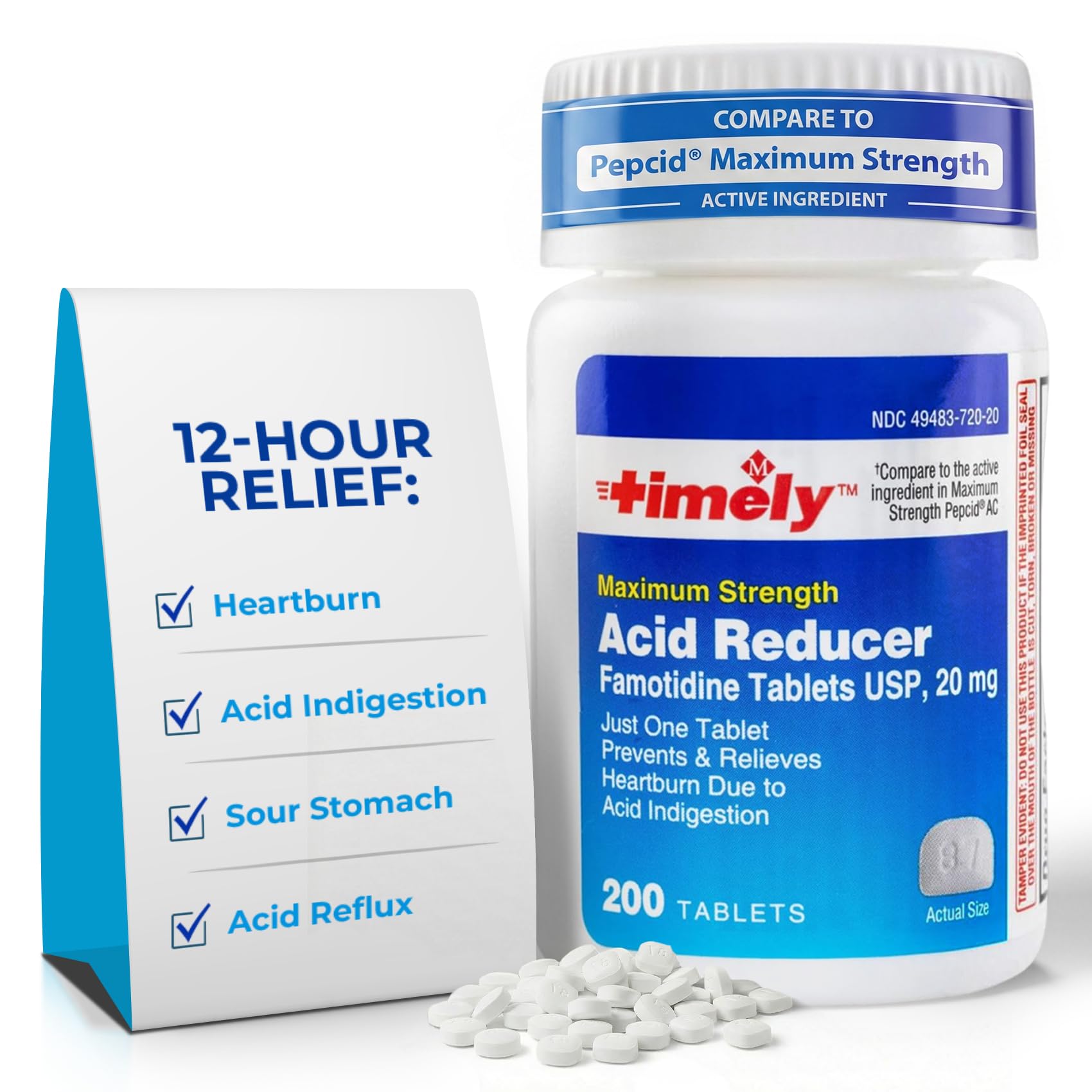 TIME-Cap Labs Acid Reducer & Heartburn Relief - Famotidine 20mg - for Adults & Children 12+, Helps with Acid Indigestion & Sour Stomach - Antacid Medicine Tablets (200 Count)