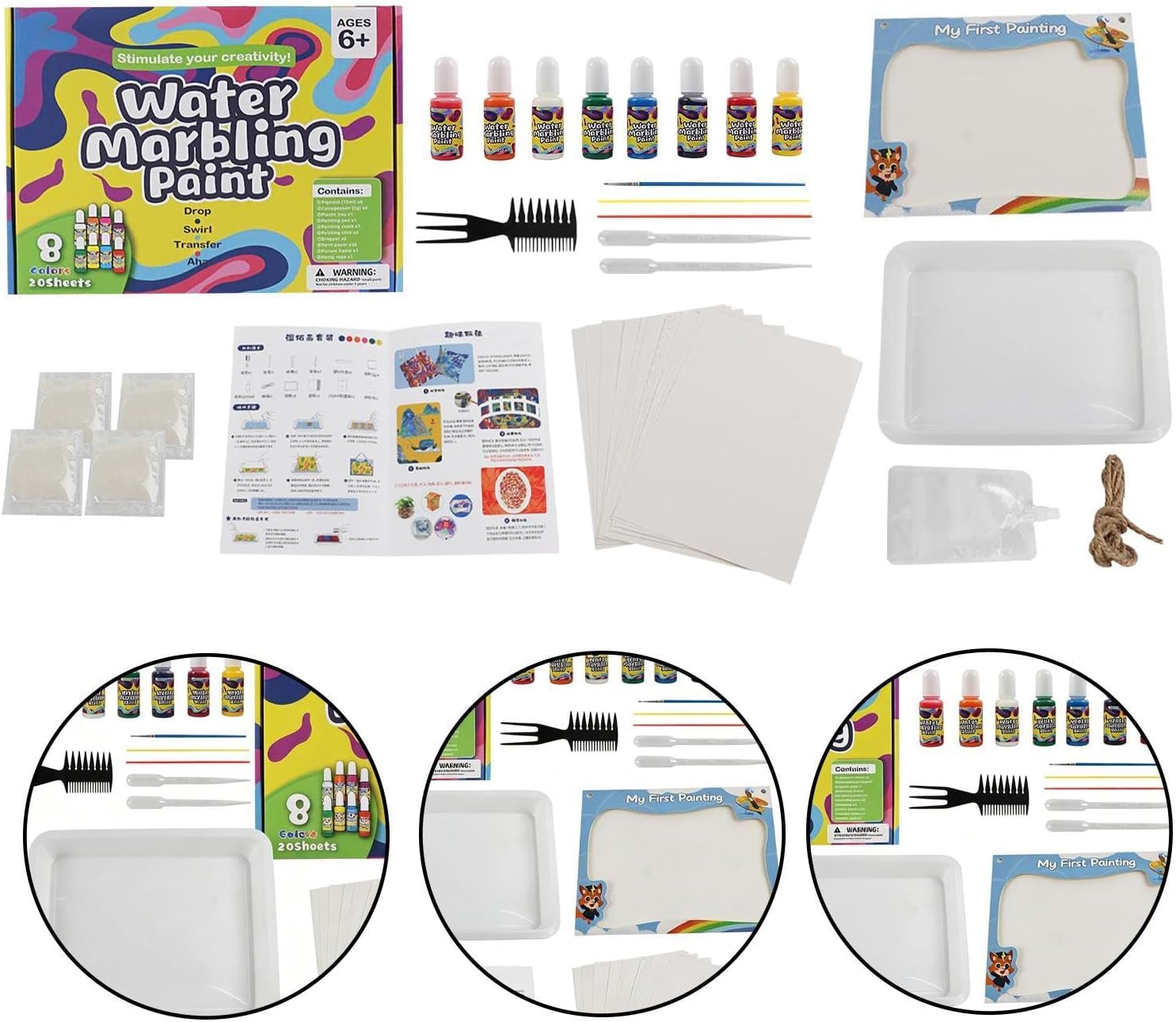Water Marbling Paint Kit 8 Colors Paint with 20 Sheets Drawing Paper | Kids Arts and Crafts for Boys Girls Activity Crafts Drawing Play Learning Birthday Party
