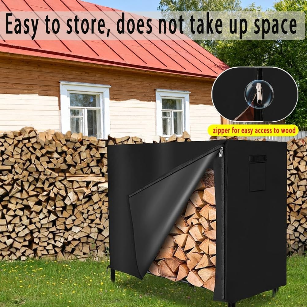 Firewood Rack Cover 4/5/6/8/10/12ft,Waterproof Firewood Rack Outdoor Cover with Full Front Zipper & Windproof Straps,420D Oxford Log Protector for Fireplace,Fire Pit,Gray,10 ft