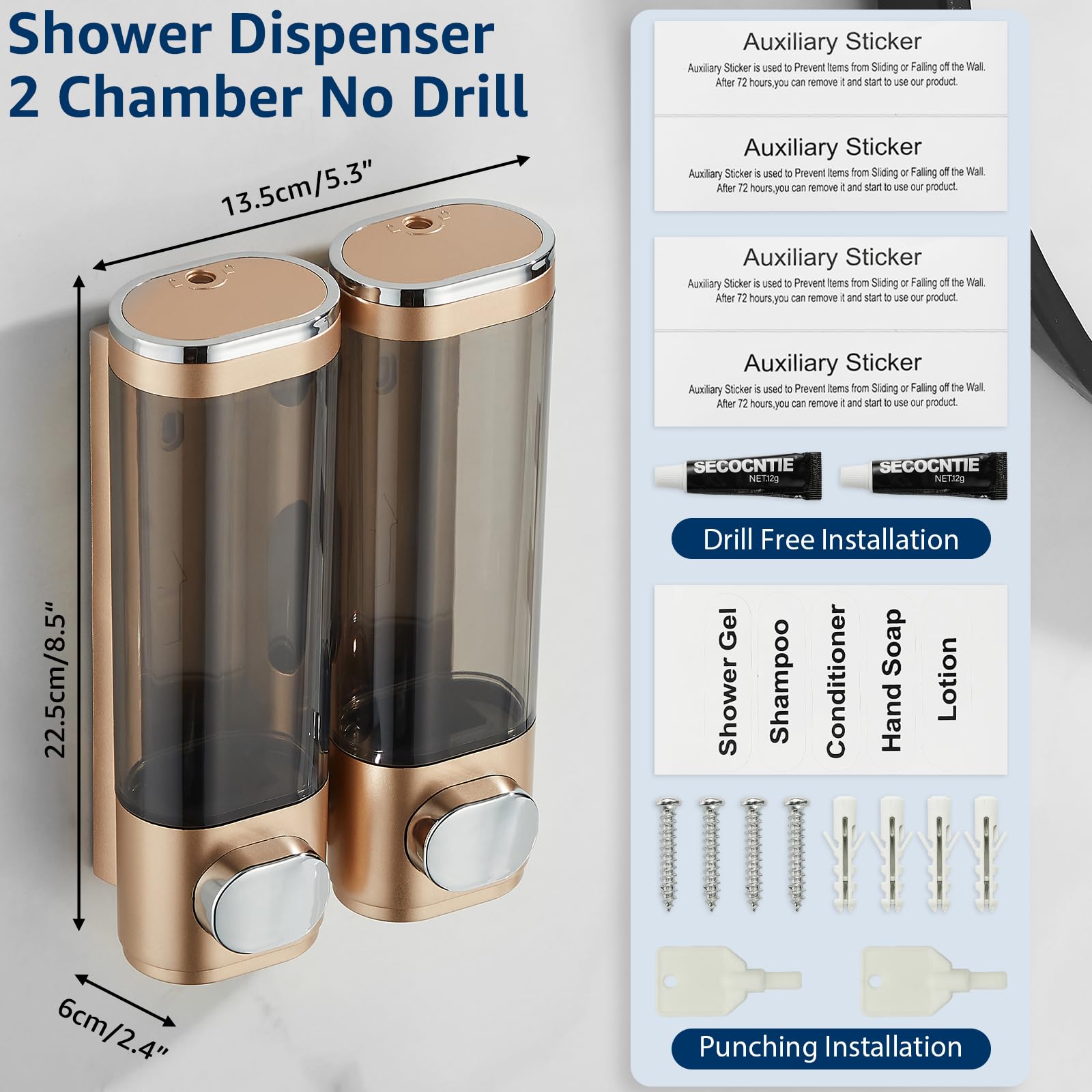 Modunful Shower Dispenser - 2 Chamber No Drill Wall Mounted Dispenser for Shampoo Conditioner, Body Wash - Gold - Image 4