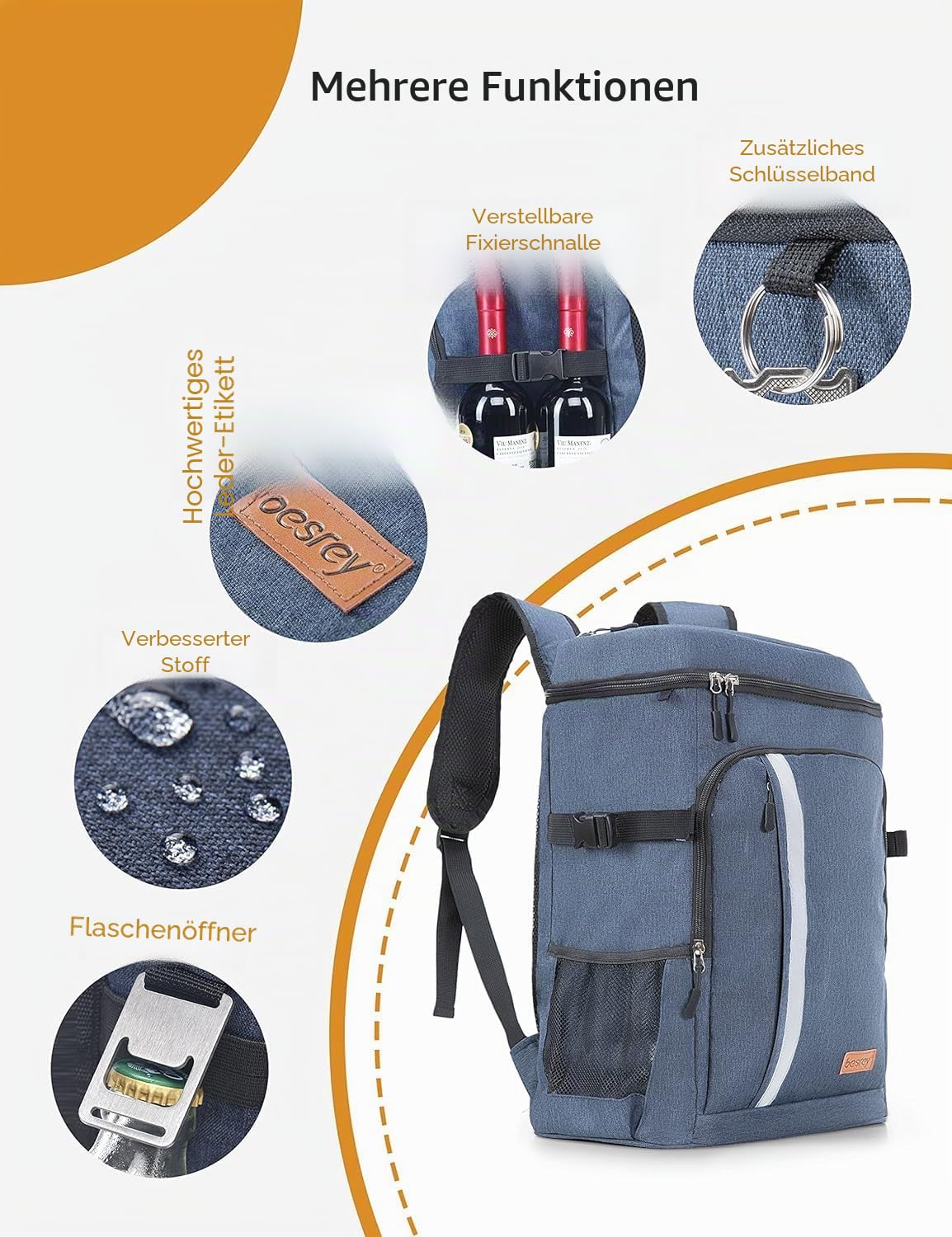 besrey Thermo-Rucksack, 30 l, Thermo-Rucksack, isoliert, hält Lebensmittel warm oder kalt, für Camping, Picknick, Grillen, Veranstaltungen (blau)