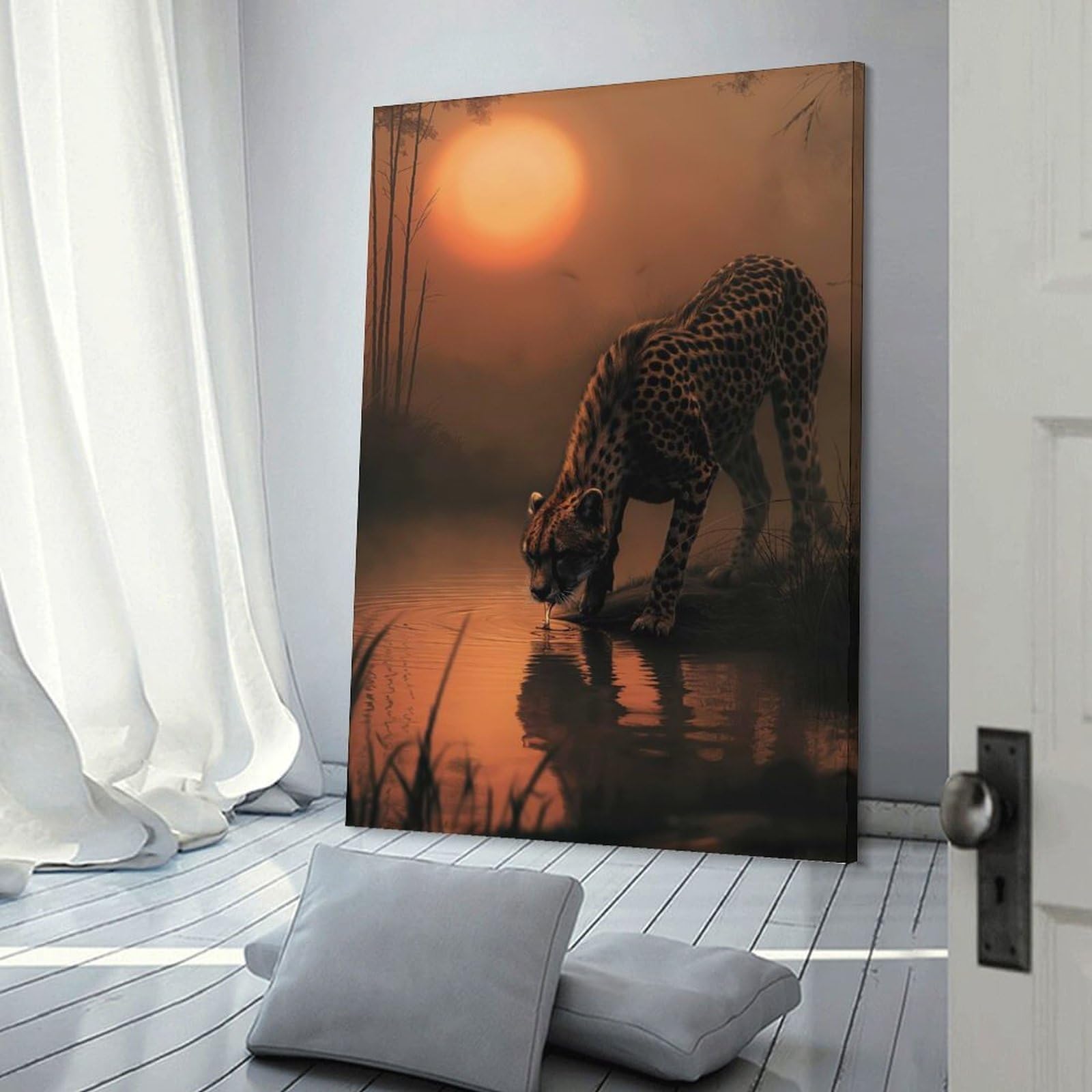 Junmoney Canvas Art Print Cheetah Oasis, 20x30inch(50x75cm), for Office, Study Or Home Workspace, Home Office Artwork with Decorative Appeal