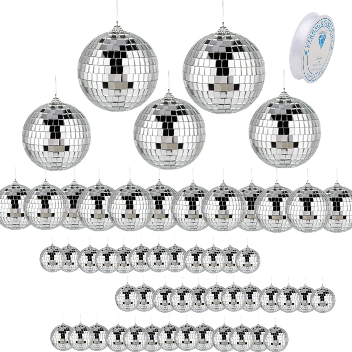 54PCS Disco Ball with Elastic Thread, Hanging Disco Ball Decor Ornaments Decorations for Christmas Tree 70s Disco Themed Party Wedding Dance Music Festival Club Stage(4inch,3.2inch,2inch,1.2inch)