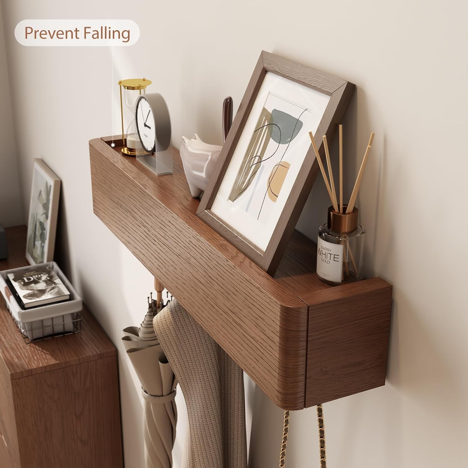 Solid Wood Wall Mounted Coat Rack with Shelf Hooks - Modern Floating Shelves with 5 Hidden Hooks, Heavy Duty Entryway Coat Key Holder Hanger for Hallway Bathroom Bedroom Home Decor