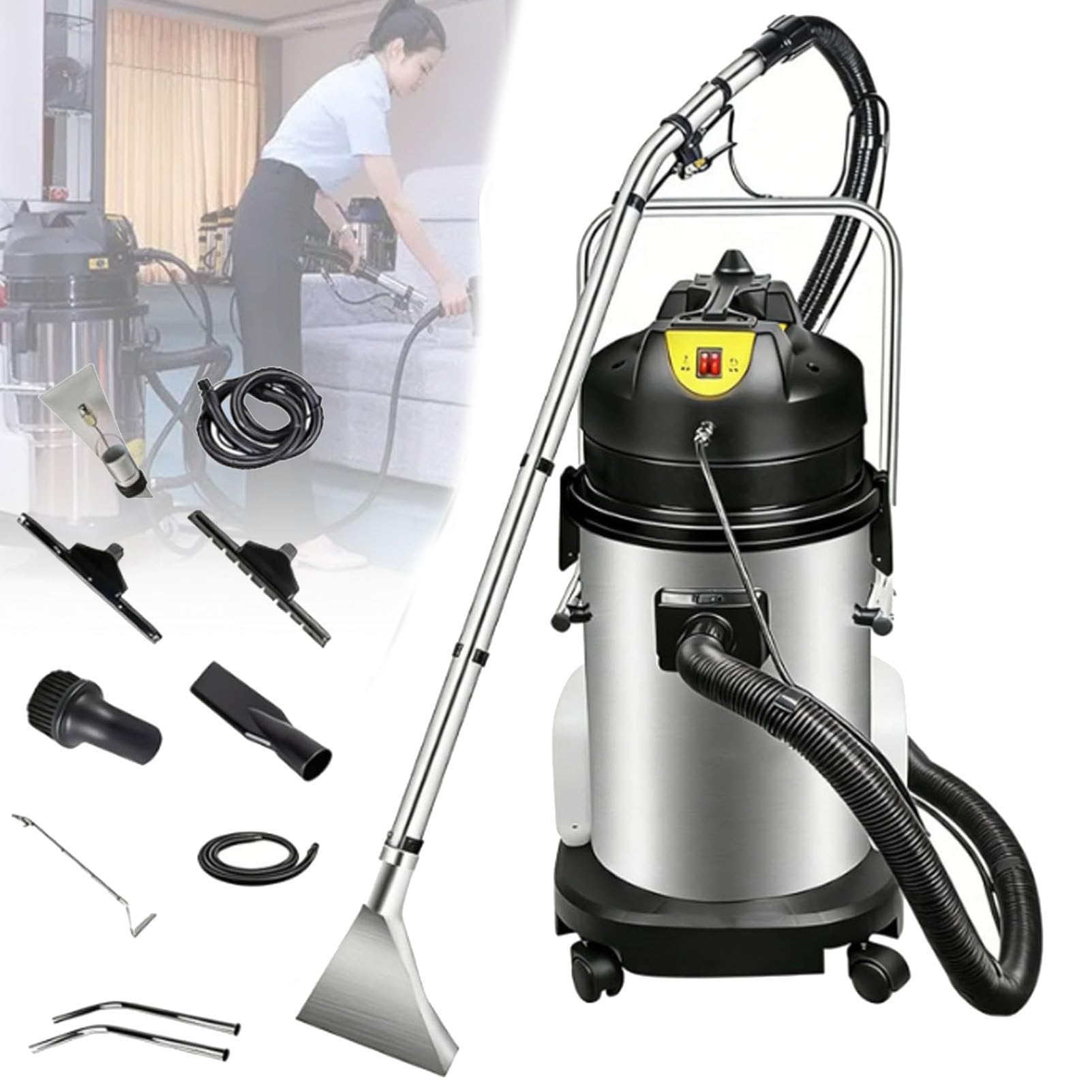 Máquina limpiadora de alfombras, aspiradora de acero inoxidable para uso en seco y húmedo, limpieza profunda portátil para alfombras, sofás y cortinas, máquina multifunción con cable de 6 metros 80L