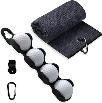 Microfiber Golf Towel and Ball Holder - Clip On Golf Accessories for Carts and Bags, Cleaning Towel Kit and Ball Caddy Make A Great Gift for Men and Women Golf Enthusiasts