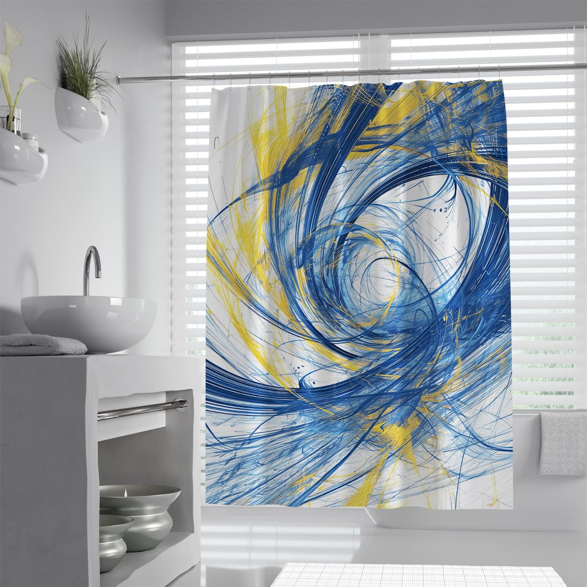UIRINGART Abstract Bath Curtain W180xL200cm Modern Blue Yellow Fractal Line Swirls Mildew Mould Resistant Polyester Fabric Quick Drying Hotel Bathroom Shower Curtains