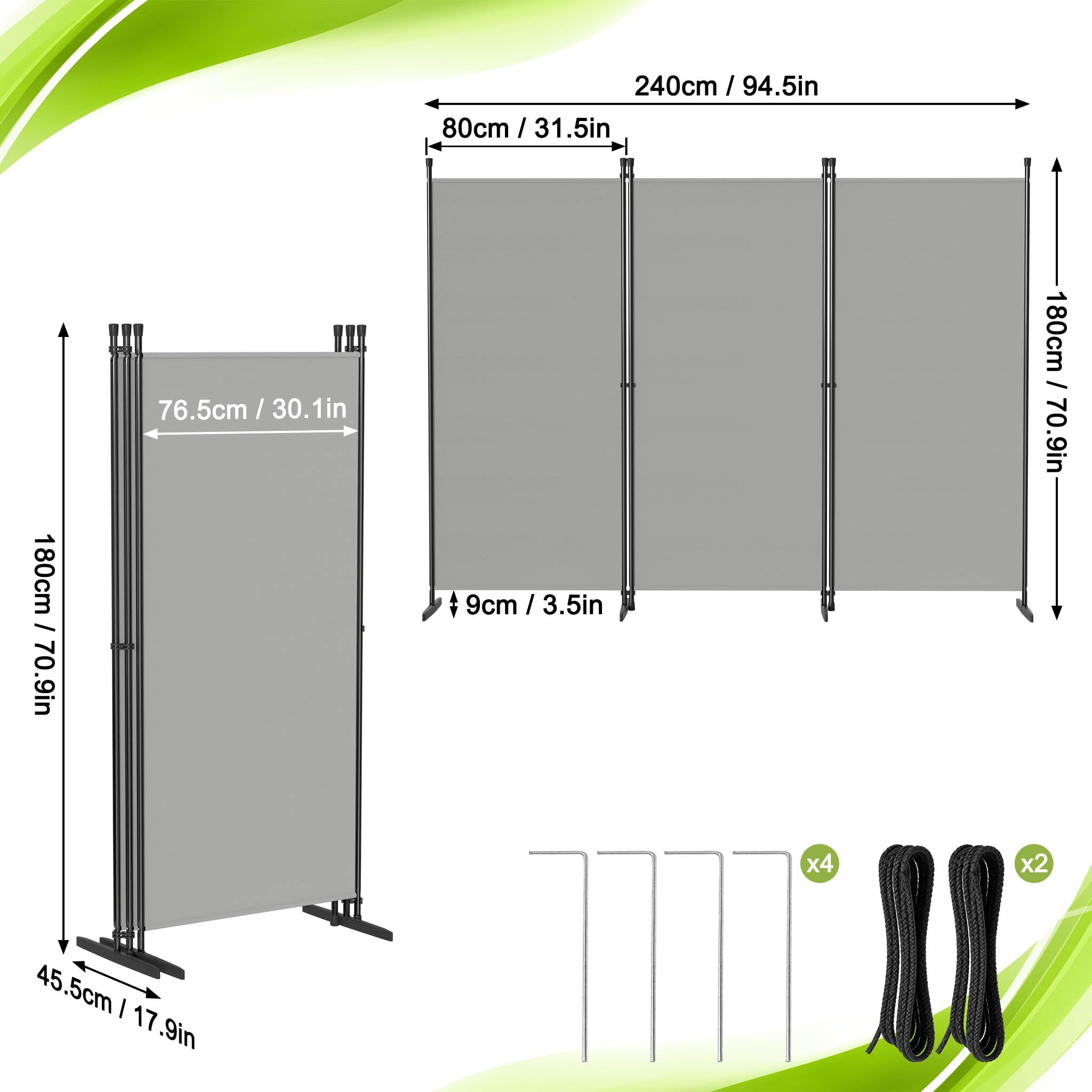 UISEBRT 240 x 180 cm Paravent Outdoor wetterfest mit Heringen und Abspannleinen,Klappbar Freistehend Trennwand ohne Bohren,mobiler sichtschutz für Garten Balkon terrasse,3 Teilig Hellgrau