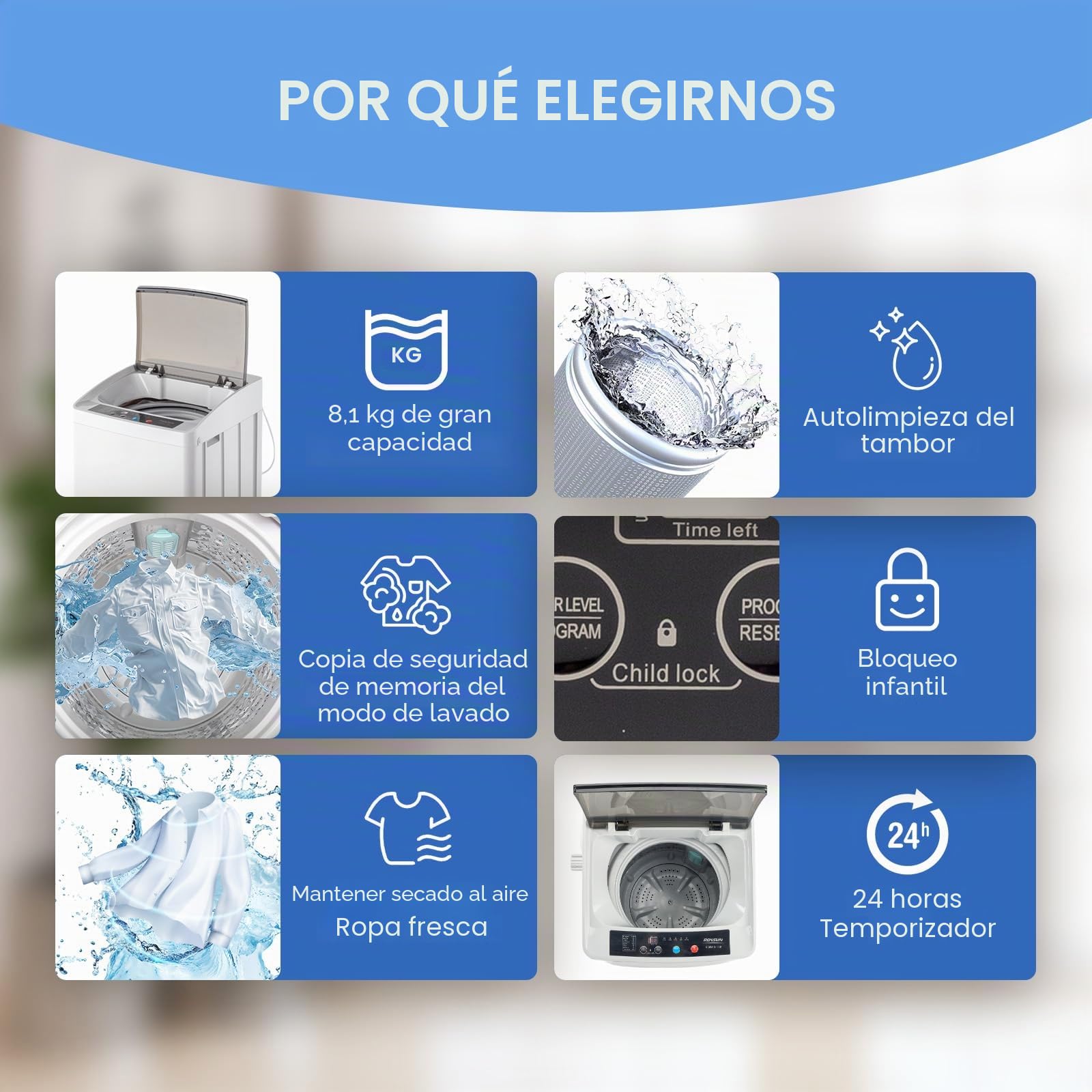 ROVSUN Lavadora de carga superior, 5 kg, carga superior, con 8 programas de lavado y 5 niveles de agua, lavadora pequeña silenciosa 60-70 dB, temporizador 24 h, 51 × 47 ×
