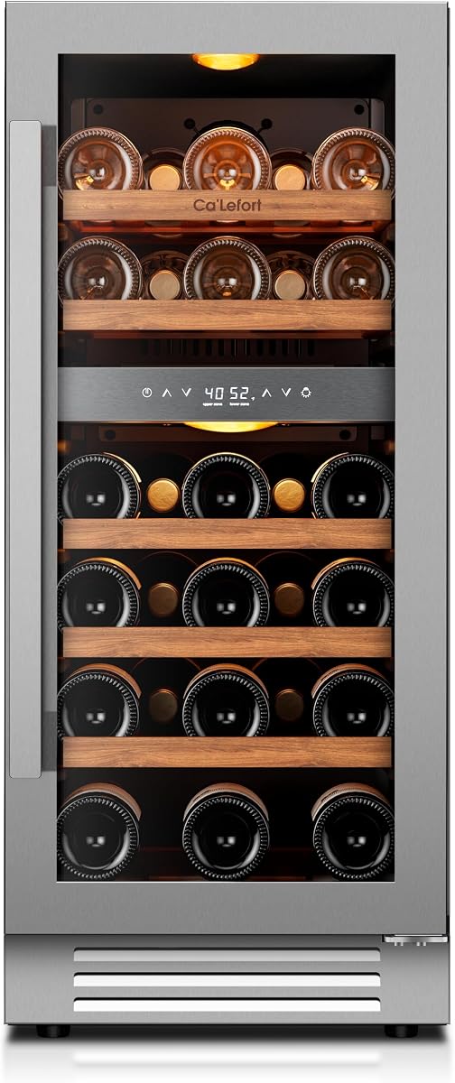 Ca'Lefort 15 Inch Wine Fridge, 28-Bottle Dual Zone Wine Cooler Refrigerator | 40-65°F Control, Adjustable Shelves, Glass Door & 3-Color LED, Automatic Defrost, Built-In or Under Counter for Home Bar