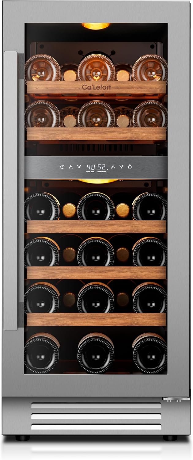 Ca’Lefort 15 Inch Wine Fridge, 28 Bottle Wine Cooler Refrigerator, 40-65°F Wine Refrigerator Glass Door, 3 LED Dual Zone Wine Fridge, Built-in or Freestanding Fridge for Home/Bar/Kitchen (3.0 cu.ft)
