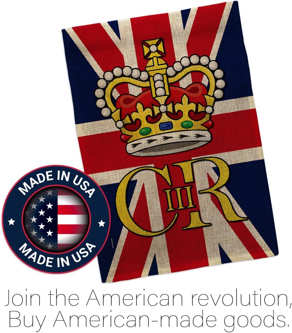 Coronation of King Charles III Garden Flag Burlap Home Decor Banner Wall Art Patio Porch Room Small Outdoor Tapestry Yard Sign Party Decorations Souvenirs Poster United Kingdom Memorabilia Made In USA